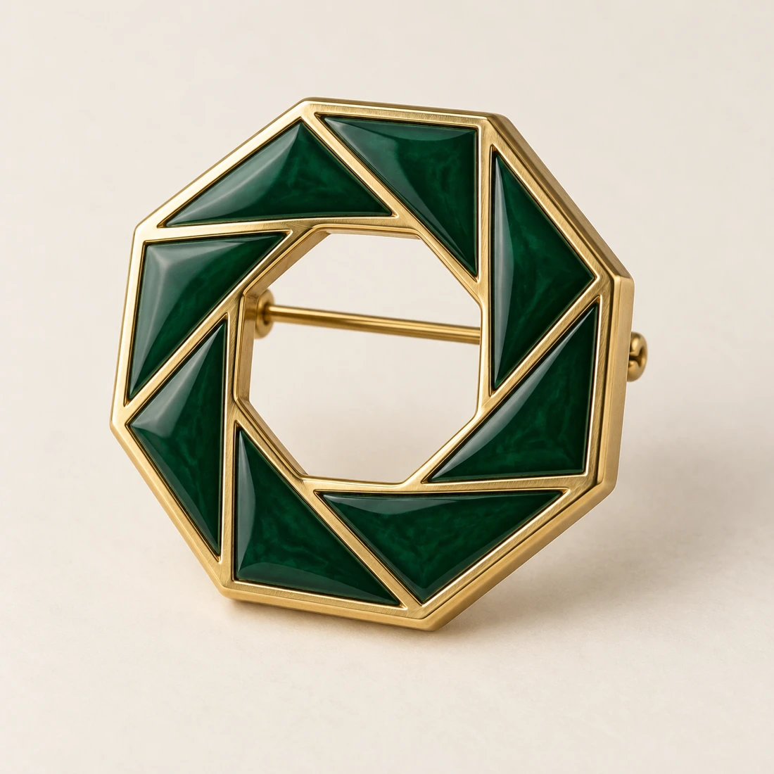 Emerald Aperture Brooch, gold / green, geometric openwork design