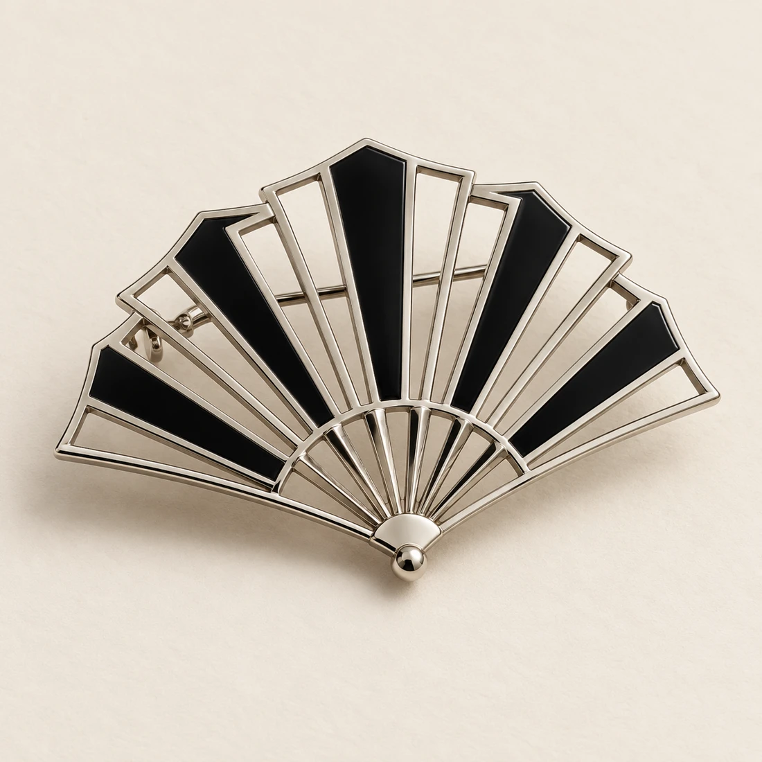 Midnight Fan Brooch, silver / black, geometric openwork design