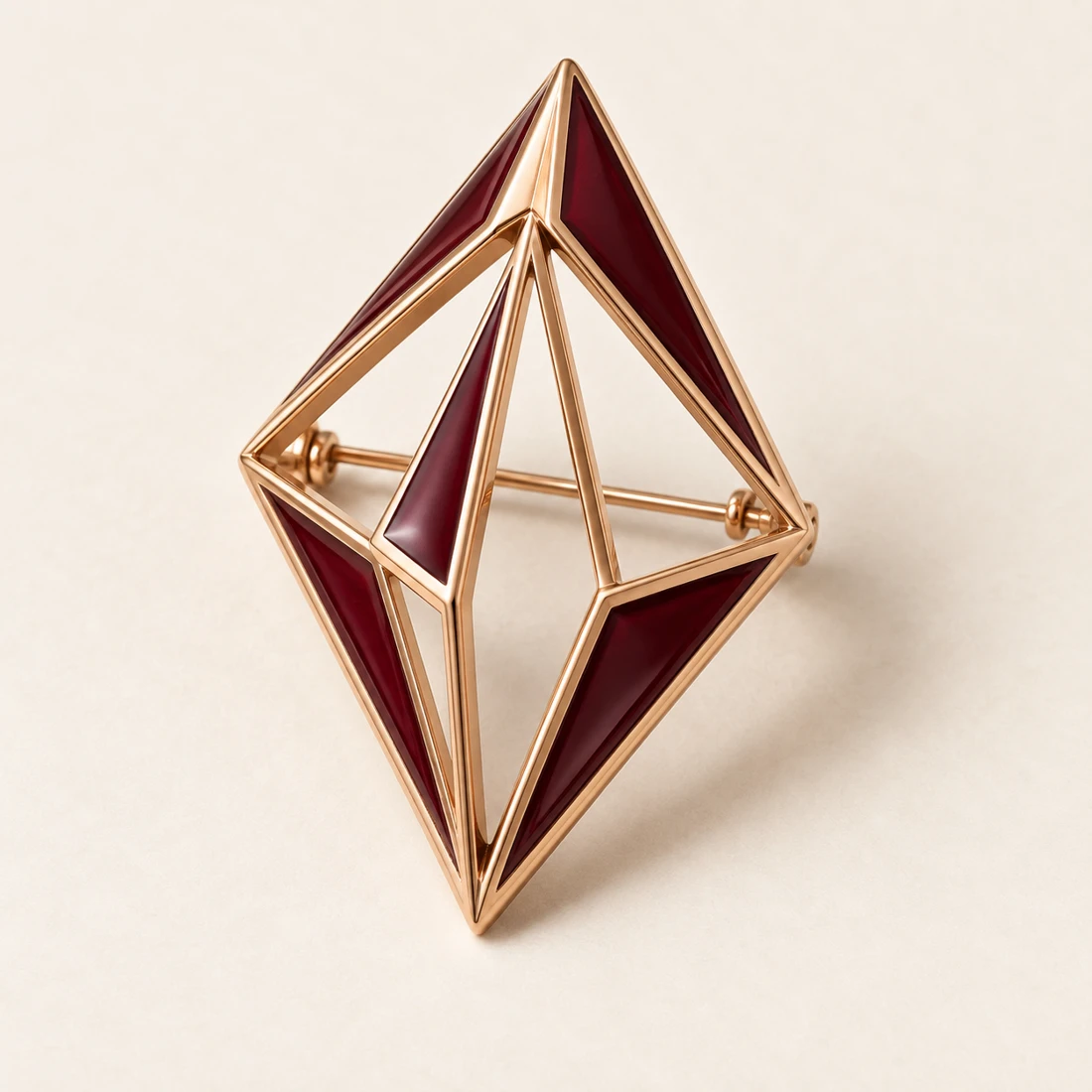 Oxblood Prism Brooch, rose gold / burgundy, geometric openwork design