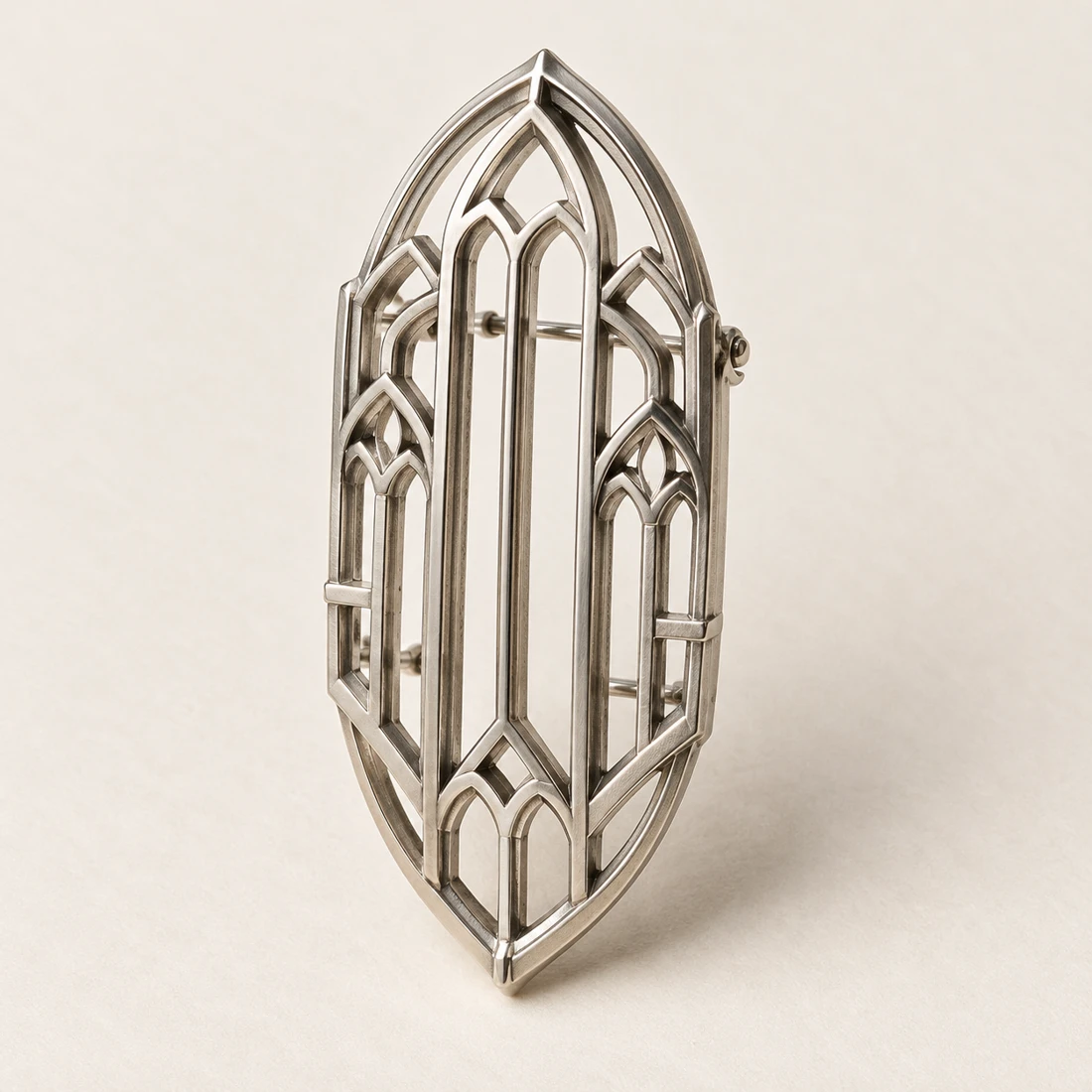 Cathedral Grid Brooch, silver, geometric openwork design