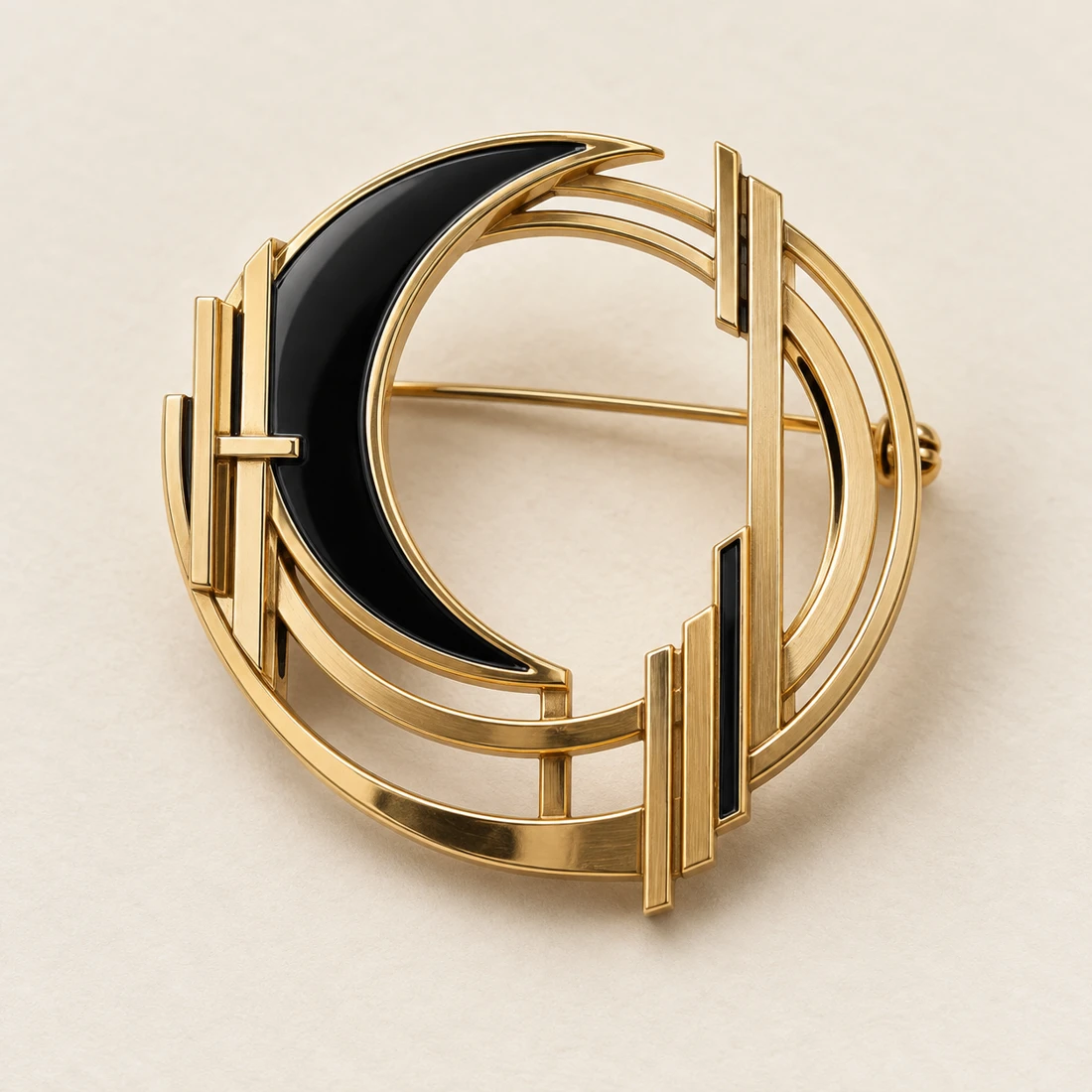 Eclipse Pavilion Brooch, gold / black, geometric openwork design