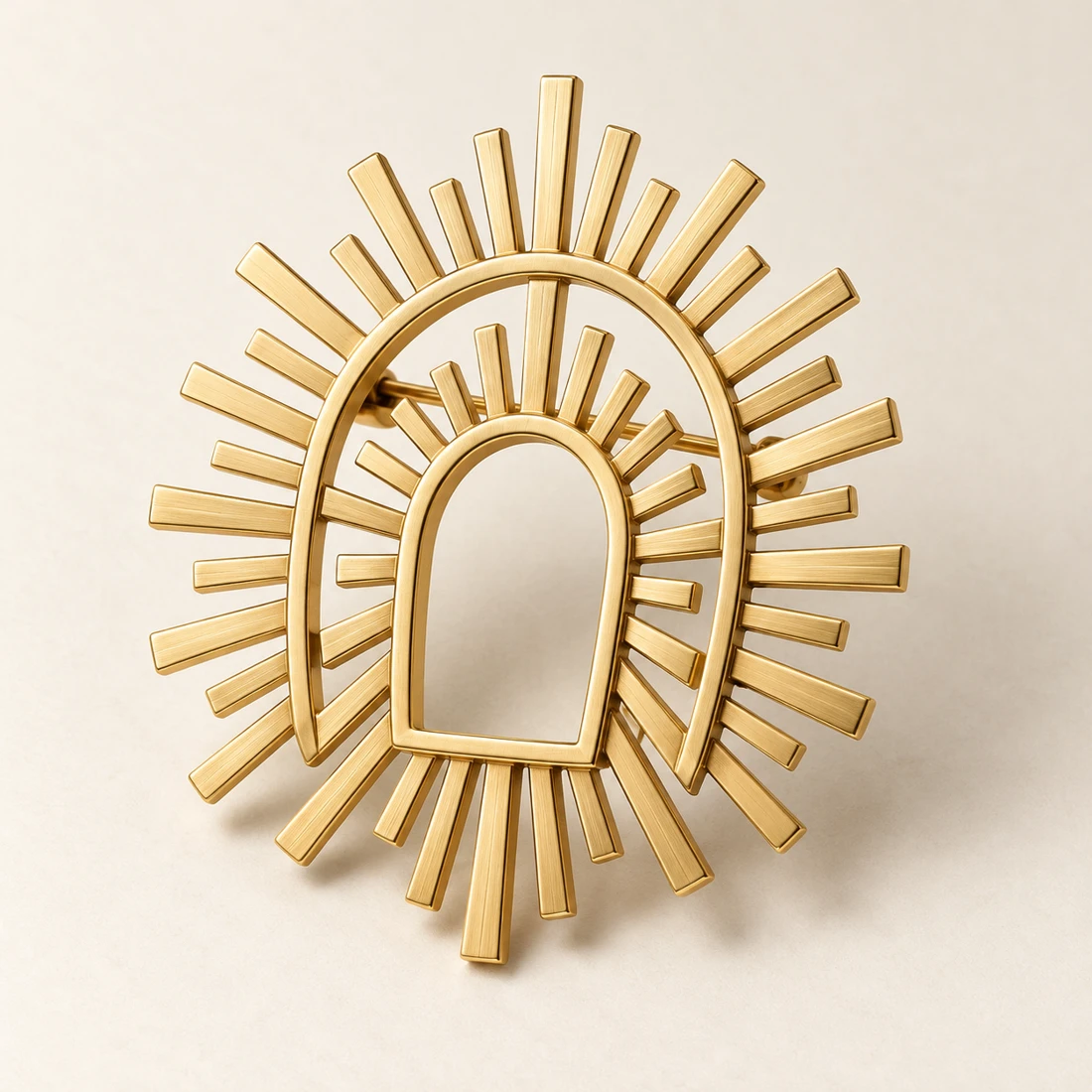 Sunray Portal Brooch, gold, geometric openwork design